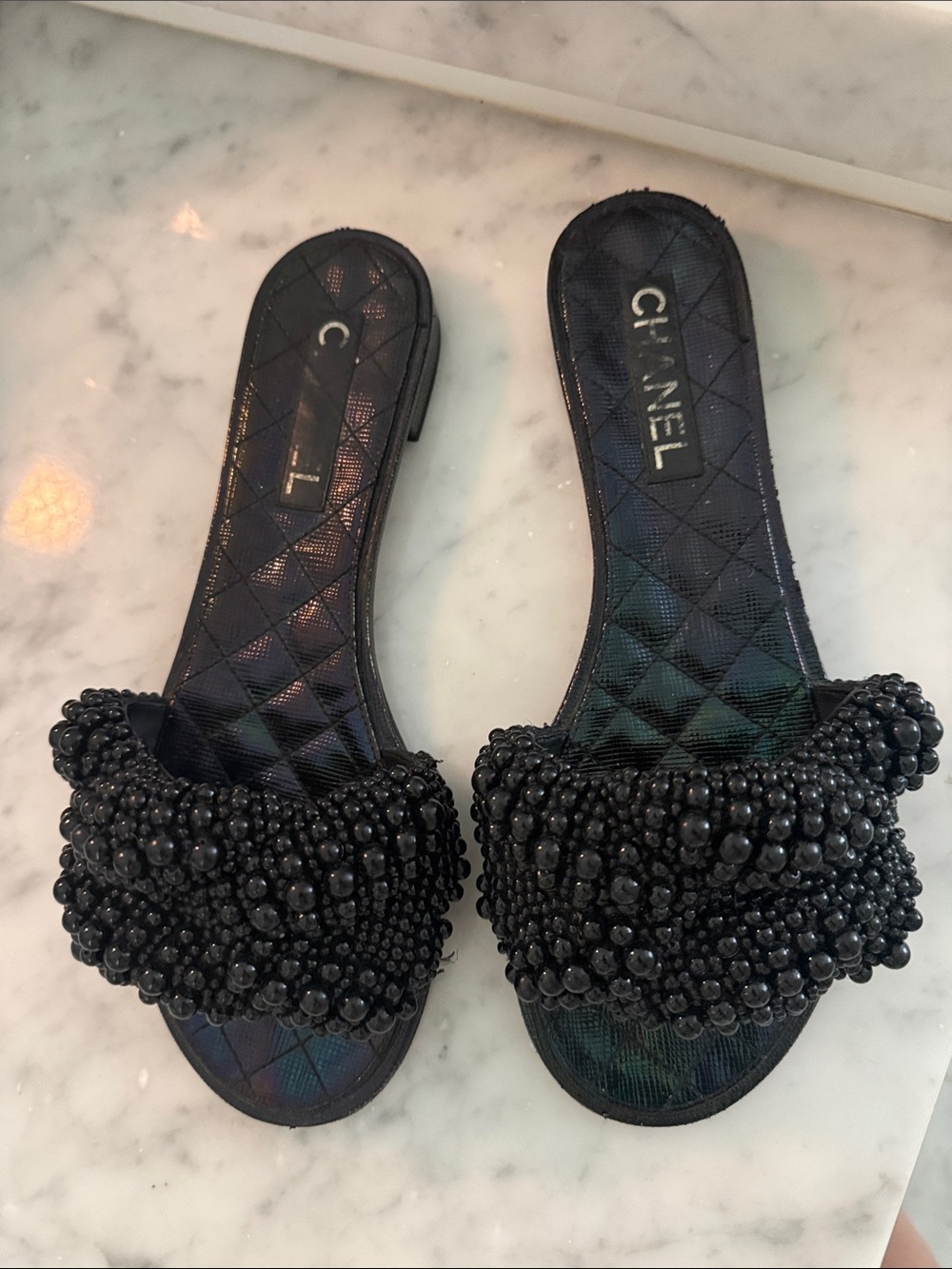 CHANEL Black Beaded Quilted Slide Mules
